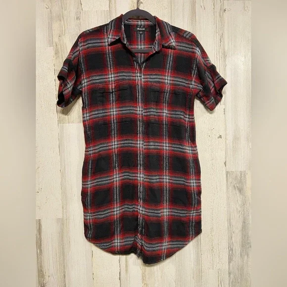 Madewell Courier Red Black Rollins Plaid Button Down Shirt Dress Mini Small - Picture 3 of 11